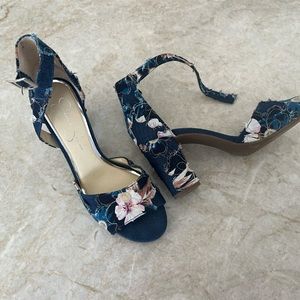 Denim Floral Heels